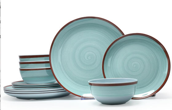 สีเขียว 12pc Melamine อาหารเย็นชุดจานและถ้วย Morden